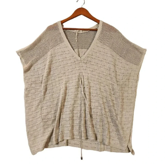 New Rachel Roy Ivory Linen Tie Waist Oversized V-Neck Knit Poncho Top Size M - Picture 1 of 7